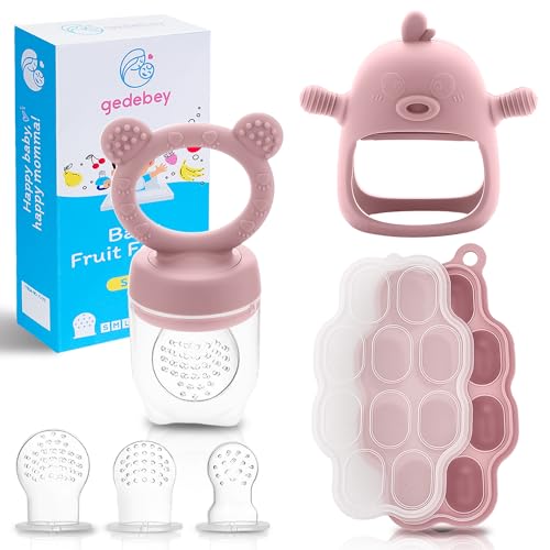 Image of Gedebey Baby Food Fruit Feeder and Breastmilk Popsicle Mold Set, 3 Pack - 1 Food Feeder Pacifier for Teething Relief, 1 Freezer Tray, 1 Baby Teether Toy, Silicone Fruit Teether (Blush)