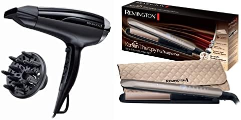 Remington Secador de Pelo Pro-Air Shine Iónico, Concentrador y Difusor, 3  Temperaturas + Plancha de Pelo Profesional Keratin Therapy Pro Cerámica,  Queratina, Aceite Almendras - PREYCA