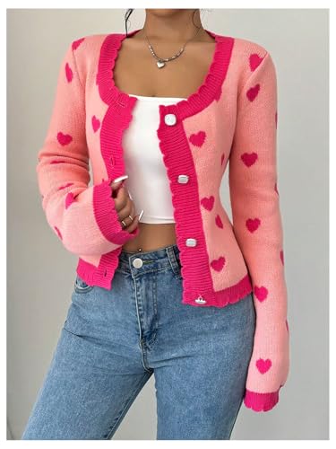 Floerns Women's Cute Long Sleeve Ribbed Heart Cardigan Sweater Scoop Neck Pullover3
