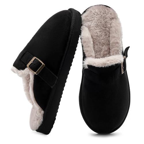 Women's Fuzzy Suede Slippers Faux Fur Memory Foam Scuff Slippers Warm Winter Slip-On House Shoes with Adjustable Buckle Indoor and Outdoor