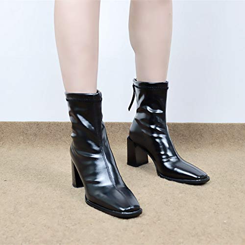 LEHOOR Women's Chunky Heel Ankle Boots Square Toe Back Zipper Patent Leather Mid Calf Booties High Block Heel Dress Mid Boots Casual Cute Winter Warm 4-11 M US4