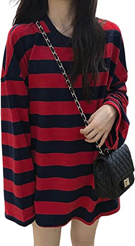 Chvity Womens Harajuku Long Sleeve Oversized T Shirts for Women Casual Crewneck Color Block Stripe Tops