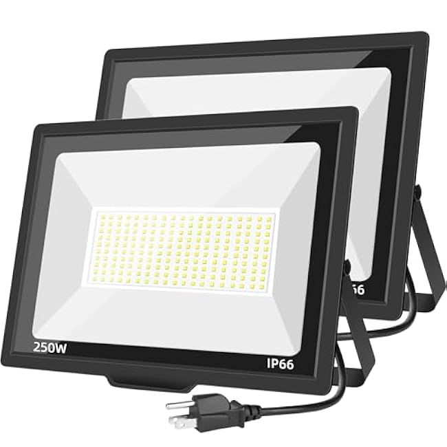 250W LED Flood Light Outdoor with Plug(1200W Eqv), 30000LM Ultra Bright Security Light, IP66 Waterproof Exterior Plug in Floodlight, 6500K Daylight White for Arena Backyard Barn Stadium(2 Pack)