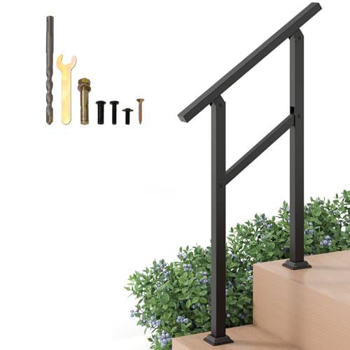 Image of TANGZON Outdoor Handrails for Steps, Fit 1-2/3/4 Step Stair Rail Kit with 42° Adjustable Angle, Horizontal Bar, 150 KG Carbon Steel Support Rails for Seniors, Concrete Deck Stairs (1 to 2 Steps)