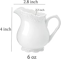 Vista 6 de Crema de cerámica blanca pura vintage con asa, jarra de crema de leche de café de 6 onzas.