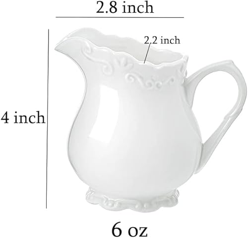 Miniatura 6 de Crema de cerámica blanca pura vintage con asa, jarra de crema de leche de café de 6 onzas.