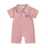 KtwHarnu Newborn Baby Boy 4th of July Outfit US Flag Embroidery Short Sleeve Lapel Button Romper One Piece Jumpsuit Bodysuit (Red, 0-3 Months)
