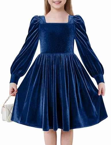 Arshiner Girls Dress Long Lantern Sleeve Skater Twirly Velvet Dresses