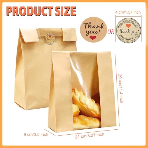 Larger 50 Pack Kraft Sourdough Bread Bags,50% Thicker Bread Bags for Homemade Bread,Pper Bakery Bags with Clear Window, Baked Food Packaging Storage,Bread Bags with Sealing Stickers(13.7x8.2x3.7 inch) - Thumbnail 2
