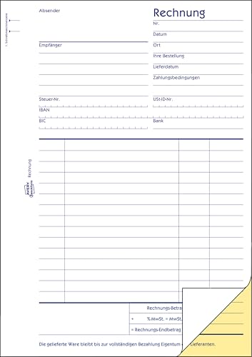 AVERY Zweckform 1730 Rechnung (A5, 2x40 Blatt, selbstdurchschreibend mit farbigem Durchschlag, mit Netto- und Bruttobetrag, MwSt. uvm., zur Erfassung aller rechtlich erforderlichen Angaben) weiß/gelb