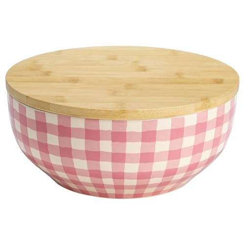 Image of Paris Hilton Serving Bowl with Bamboo Lid, Stoneware Salad Bowl with Pink Gingham Print Exterior, Lid Doubles as Cutting Board, 10-Cup, Pink