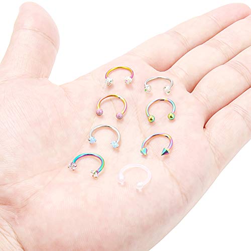 Dyknasz Horseshoe Circular Barbell Clear Cz Opal Stone Nose Septum Rings Hoop Retainer For Women Men Helix Cartilage Tragus Earring 316L Surgical Steel 16G 3/8"(10Mm) Silver-Tone Rainbow #TOP2