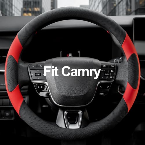 West Llama Customized Auto Car Steering Wheel Cover for Toyota Camry SE XSE Hybrid LE XLE 2006-2026, Microfiber Leather, 14.5-15inch, Black + Red