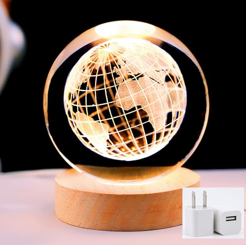 Image of 3D Earth Crystal Ball Night Lamp Warm Light - Compact USB Wall Charger 5V1A Output 1 for Birthday Christmas Astronomy Space Gifts for Boys Girls (Crystal Earth)