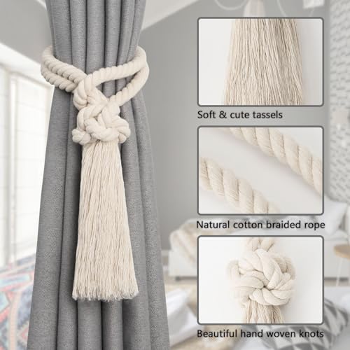 Pretty Jolly 2 Pack Natural Cotton Rope Tassel Curtain Tiebacks Boho Home Decor Drape Tie Backs Hand Woven Ball Curtain Holdbacks for Thin & Thick Home & Office Window Draperies (Beige) - Image 3
