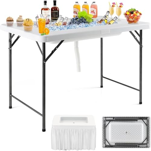 Giantex 4 FT Folding Ice Cooler Table for Parties with Drain No Assembly Ice Bin Table with Removable Matching Skit Portable Fill and Chill Table for Cooling Food Beverage Picnic BBQ Tailgating