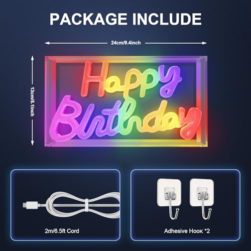 Image of Colorful Happy Birthday Neon Sign, LED Wall Decor, Type-C /USB Power | Led Happy Birthday Light Up Sign For Birthday Party, Backdrop, Wall, Tabletop Decorations, 2 Hooks Included