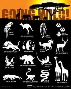 Glimmer Body Art Going Wild Stencil Set with Poster, 75 Pieces, 15 Designs