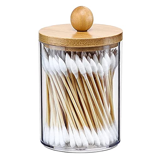 Cosmetic Organizer for Qtip Holder Dispenser Cotton Balls Cotton Swabs Clear Plastic Storage Box Makeup Organizer with Bamboo Lid Cotton Swab Holder Container Dispenser