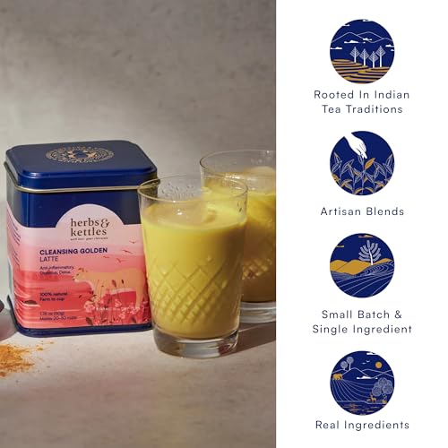 Image of Herbs & Kettles Cleansing Golden Latte | 1.76 oz Turmeric Golden Milk Blend for Detox, Gut Health & Daily Wellness | Rich Superfood Latte with Warming Spices | Nourishing Caffeine-Free Drink Mix | Delicious Hot or Iced