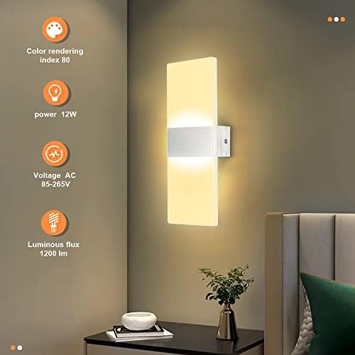 CANMEIJIA LED Wall Lights for Bedrooms 3 Color Temperature 1200LM 12W Modern Wall Lights Indoor with Earth Wire and Installation Gloves Bedside Lamp Set of 2 for Bathroom Light, Stairs, Living Room