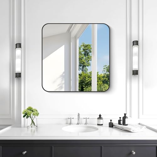 Image of KOCUUY Square Bathroom Mirror, 24 inchx24 inch Black Rectangle Vanity Mirror, Black Metal Frame Mirror with Rounded Corner for Bathroom, Bedroom, Living Room, Entryway