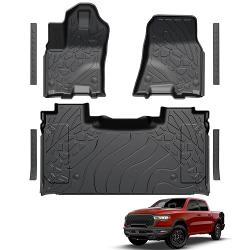 LUMWAY Floor Mats for 2026 2025 Dodge Ram 1500 Crew Cab Bucket Seat with Rear Under Seat Storage Box TPE All Weather Durable Floor Liners Door Sill Guards for Dodge Ram 1500