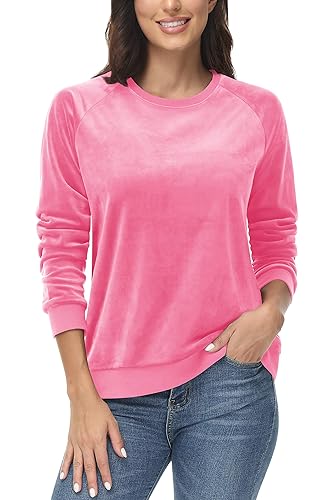 Image of MAGCOMSEN Women's Velour Sweatshirts Crewneck Classic Pullover Tops Long Sleeve Winter Warm Sweater, Fluorescent Pink, XL