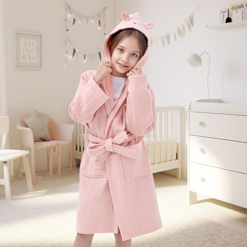 WYTbaby Bademantel Kinder 100% Baumwolle Weich Flauschiges Frottee Kinder Morgenmantel Mit Kapuze für Jungen und Mädchen 6-8 Jahre