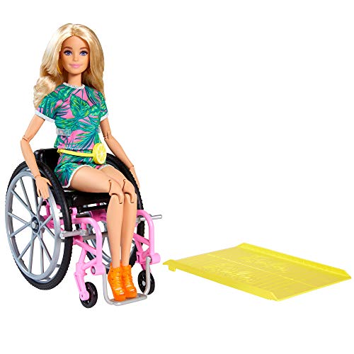 Barbie Fashionistas Doll #165, with Wheelchair & Long Blonde Hair Wearing Tropical Romper, Orange Shoes & Lemon Fanny Pack, Toy for Kids 3 to 8 Years Old - GRB93