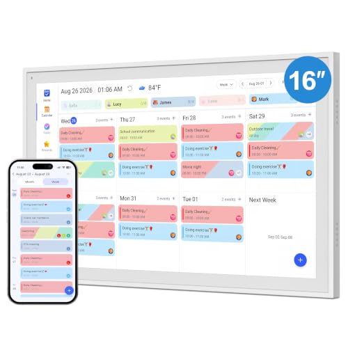 YPI 16" Digital Calendar, Smart Touchscreen Chore Chart & Planner, White
