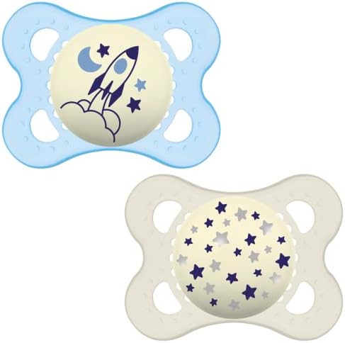 MAM Night Soothers 0-6 Months (Pack of 2), Glow in the Dark Baby Soothers with Self Sterilising Travel Case, Newborn Essentials, Pink/White, (Designs May Vary)