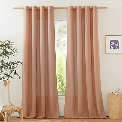 NICETOWN Linen Flax Semi Sheer Curtains 92' Length, Grommet Window Treatments Privacy Added with Light Penetration Vertical Drapes for Loft/Home Office, Terracotta, W55 x L92, 2 Panels