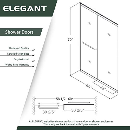 Elegant Showers 58.5-60" W X 72" H, Semi-Frameless Bypass Sliding Shower Doors, 1/4" Clear Glass, Brushed Nickel Finish #TOP5