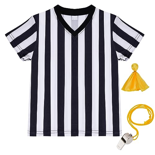 obmwang Kids Referee Shirt Costume Black and White Stripe V Neck Referee Shirt Yellow Penalty Flag and Stainless Steel Whistle for Soccer Basketball Football