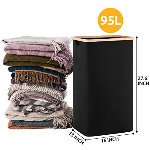 100L Large Laundry Basket Storage By Techmilly, 27.6” Tall Laundry Hamper With Bamboo Handles, Waterproof Collapsible Clothes Hamper For Bedroom, Bathroom, Dorm, Black #TOP1
