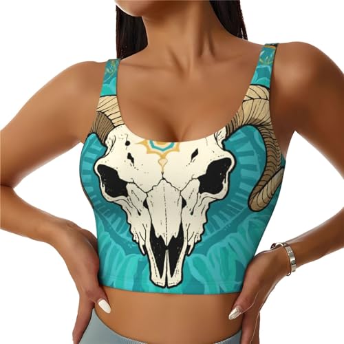 Women Girls Yoga Bras U-Shaped Back Comfortable Sweat Vest with Pads Elastic Sportswear for Gym Fitness, for Mystical Ram Skull Art