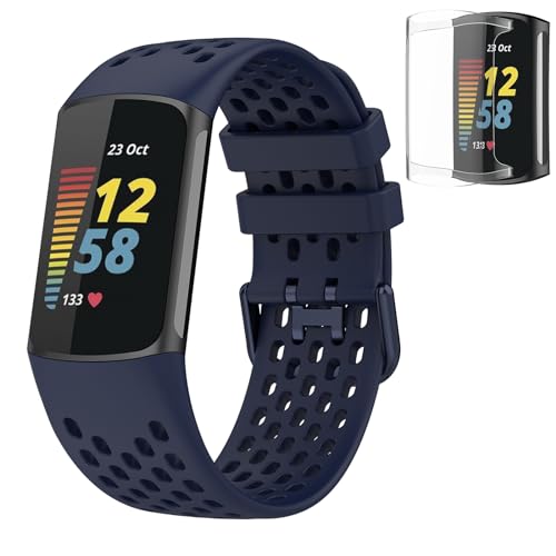 Bands Compatible with Fitbit Charge 5, Air Holes Design Silicone Sport Band Strap for Fitbit Charge 6 / Charge 5 with TPU Clear Screen Protector Case (Navy Blue)
