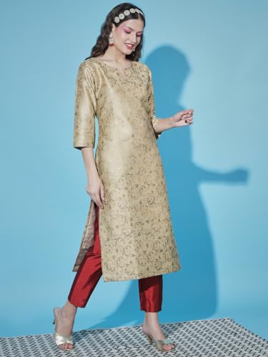 Image of VredeVogel Women's Cotton Silk Jacquard Kurta Pant Set with Banarasi Woven Self Designed Dupatta