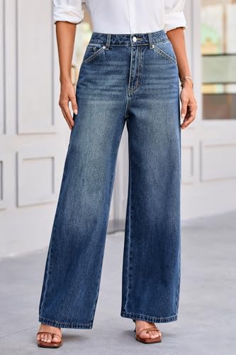 Cicy Bell Damen Jeans Baggy Weitem Bein Jeanshosen Mittlere Taille Denim Boyfriend Hosen mit Taschen – Bild 3