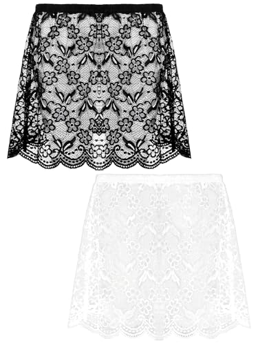 Fourluoo 2 Pcs Lace Shirt Extender for Women Underskirt Black and White Ruffle Mini Skirt Adjustable Layering Half Slip(Classic Style M)