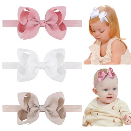jollybows Baby Girls Headbands, 3 PCS 4in Grosgrain Ribbon Hair Bows - White, Cream, Pink, for Baby Girls Infants Toddler Kids Teens and Children 9- White Cream Pink 3 Count (Pack of 1)
