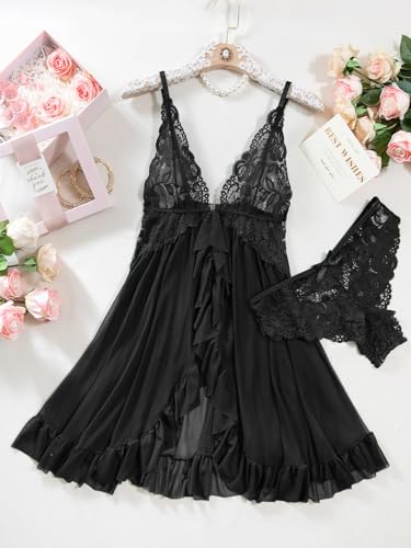 Foxiny Sexy Open Front V Neck Ruffle Sheer Mesh Lace Wireless Babydoll Lingerie Dress with Thong 2 Piece Women See Through Panty Set Chemise Negligee Hook Black Medium