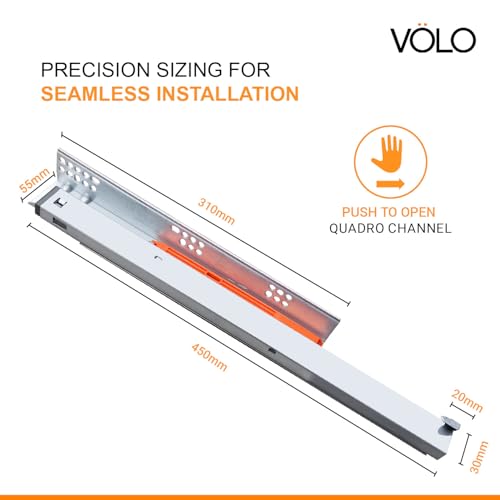 Image of Volo Heavy Duty Drawer Slides, Full Extension Ball Bearing Runners | Pack of 2 Piece | Channels for Kitchen Cabinets, Wardrobes, and Dressers (Undermount (Push to Open), 18 Inch)