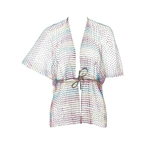Fstrend Women's Crystal Mesh Cover Up Rhinestone Long Sleeve See see Through Sexy Nightclub Fishnet Bikini Rave Festival Body Accessories Jewelry for Women and Girls, M, polyester, crystal Cover
