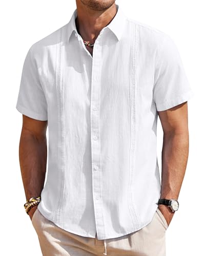 Mens Linen Shirts Short Sleeve Button Down Shirt Casual Cuban Guayabera Lightweight Summer Beach Solid Tops