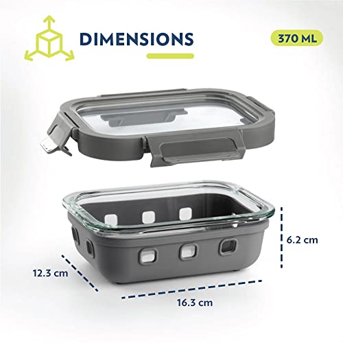 Image of Borosil Klip-N-Store Plus 370 Ml Glass Food Storage Container For Food Storage, With Air-Tight Glass Lid & Silicone Sleeve, Rectangle, For Carrying & Storing Food, Microwave & Oven Safe, Transparent