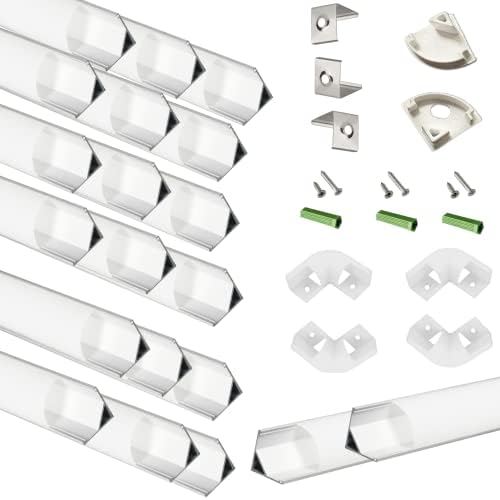 THMOOTHER 20-Pack 3.3FT 1Meter V Shape LED Strip Aluminum Channel Diffuser System, Extruded Alu Track Milky Cover with Corner Connector and Mounting Kit ,Easy Cut and Installed Curved Lens Profile