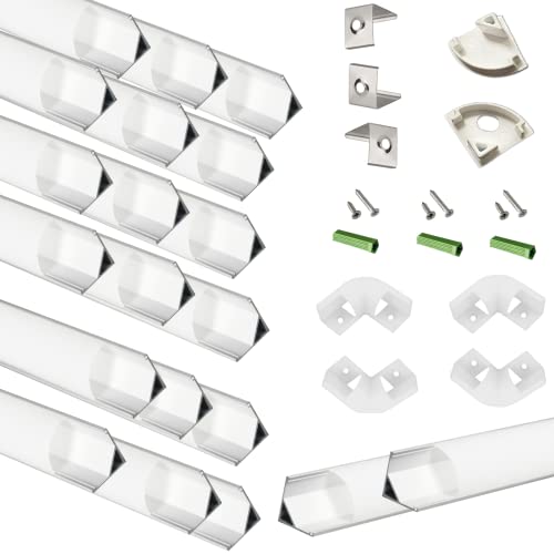 Thmoother 20-Pack 3.3Ft 1Meter V Shape Led Strip Aluminum Channel Diffuser System, Extruded Alu Track Milky Cover With Corner Connector And Mounting Kit ,Easy Cut And Installed Curved Lens Profile #TOP6