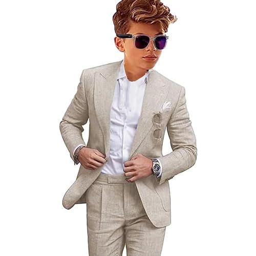 Leader of the Beauty Traje de lino de 2 piezas para niño, ajuste delgado, trajes formales para boda, Marfil, 10 Años